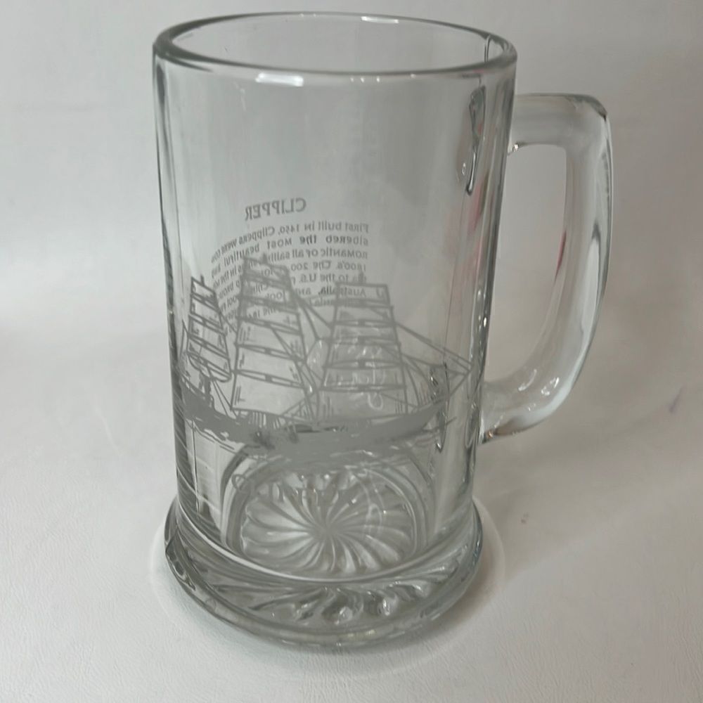 Clipper Sailing Ship Beer Stein Clear Glass White Letters 14 Oz 5 3/4 In Tall